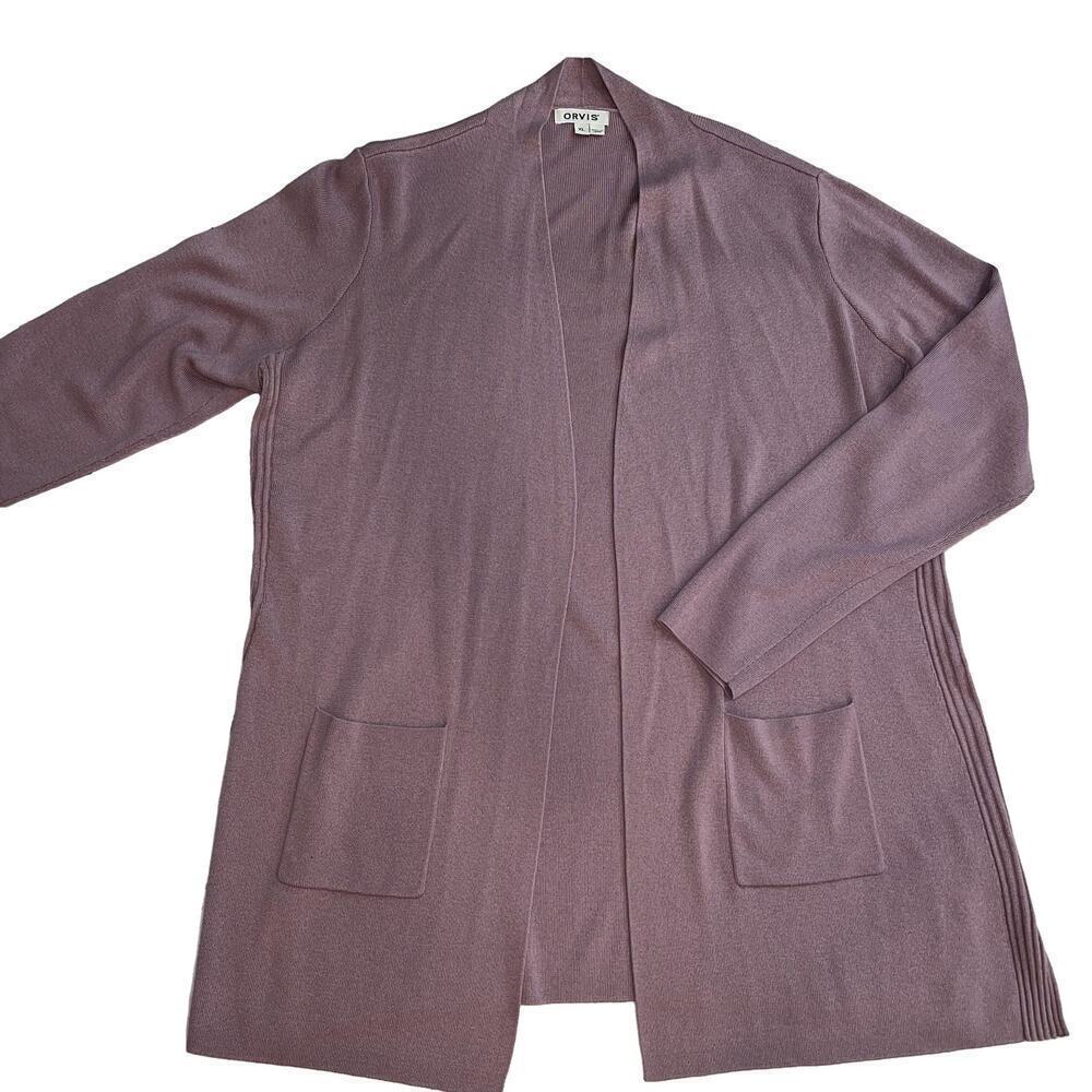 Orvis Anywear Long Cardigan Sweater Dusty Lilac Pockets Ribbed Sides Size XL